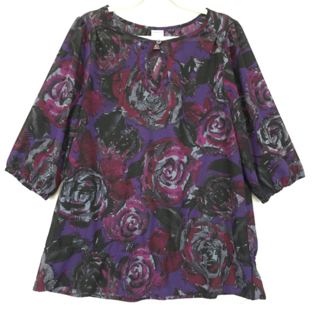 Just My Size Blouse Purple Floral 1/2 Sleeve Women 1X Office Boho Church